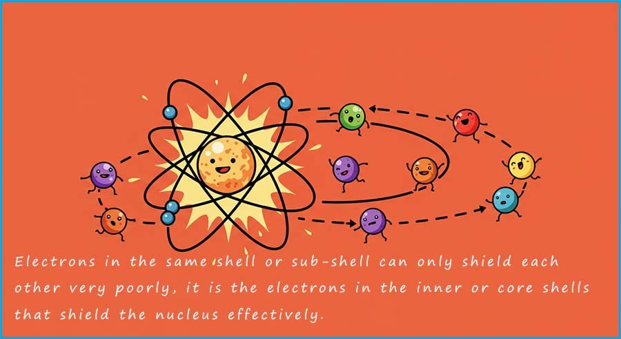 the inner or core electrons are best able to shield the nucleus, electrons in the same shell shield each other poorly.